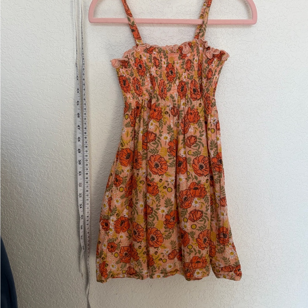 Angel Dear Peach-Pink Floral Smocked Sundress with Orange Blooms